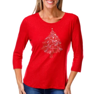Thumbnail 1: Coral Bay Women's Scoop Neck Christmas Tree Bling Tee 
