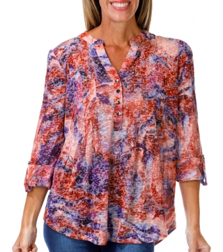 Thumbnail 1: VeraRose Women's 3/4 Sleeve Abstract Print Henley Tunic Top 