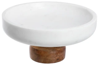 Thumbnail 1: Home Decor Factory 10x4.75 White Marble Cake Stand w/ Acacia Wood Base  