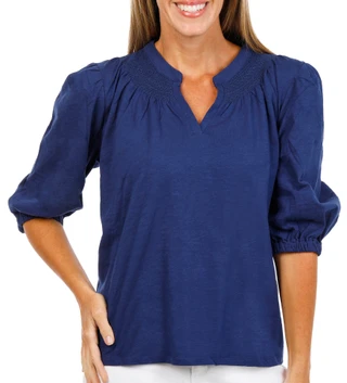 Thumbnail 1: Lands End Women's 3Q Sleeve Smocked Slub Top 