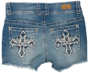Thumbnail 2: GEMMA RAE Juniors Cross Bling Back Fray Hem Shorts 