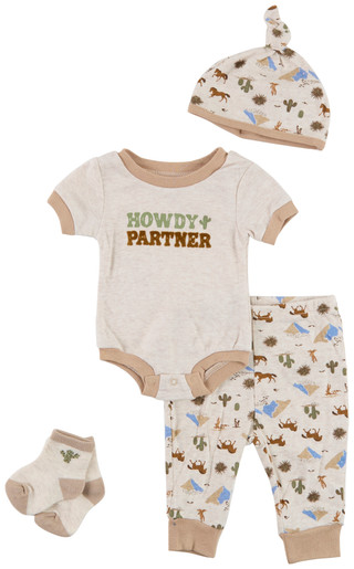 Thumbnail 1: Baby Essentials Baby Boys 4 Pc Howdy Bodysuit Set 