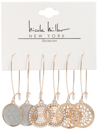 Thumbnail 1: Nicole Miller Women's 3 Pk Tri Tone Disc Drop Earrings 