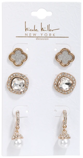 Thumbnail 1: Nicole Miller Women's 3 Pk Gold Crystal & Pearl Earrings 