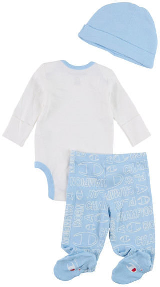 Thumbnail 2: Champion Baby Boy's 3 Pc Logo Onesie Beanie Footsie Set 