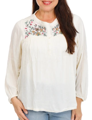 Thumbnail 1: Coral Bay Women's Plus Long Sleeve Embroidered Floral Top 