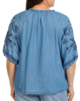 Thumbnail 2: Coral Bay Women's Plus Elbow Sleeve Notch Neck Embroidered Peasant Top 
