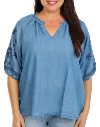 Thumbnail 1: Coral Bay Women's Plus Elbow Sleeve Notch Neck Embroidered Peasant Top 