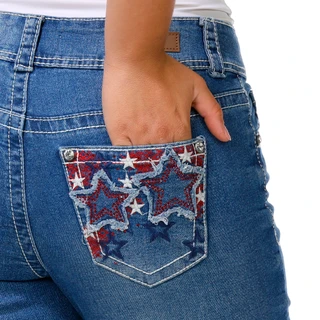 Thumbnail 2: COPPERFLASH Women's Roll Cuff Americana Bling Back Capris Jeans 