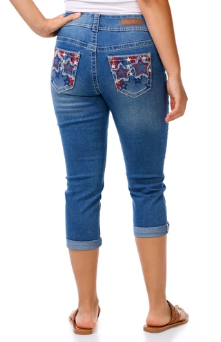 Thumbnail 1: COPPERFLASH Women's Roll Cuff Americana Bling Back Capris Jeans 