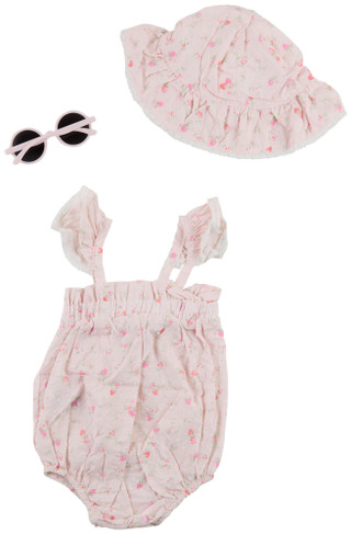 Thumbnail 2: SHABBY CHIC Baby Girl's 3 Pc Strawberry Romper, Hat & Sunglasses 