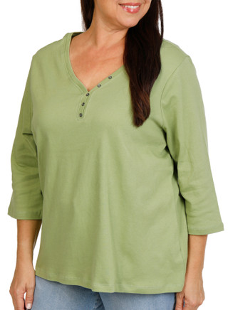 Thumbnail 1: Coral Bay Women's Plus 3/4 Sleeve Henley V-Neck Solid Top 
