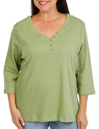 Thumbnail 4: Coral Bay Women's Plus 3/4 Sleeve Henley V-Neck Solid Top 