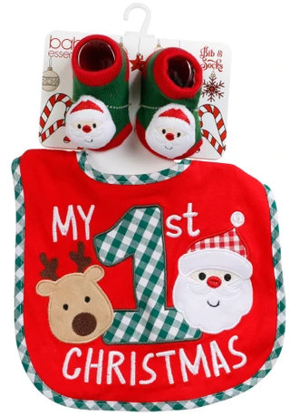 Thumbnail 1: Baby Essentials Baby 2 Pc My 1st Christmas Bib & Socks Set 