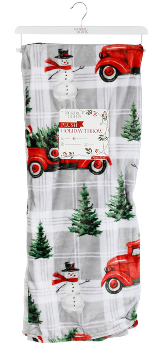 Thumbnail 1: Nordic Lights 60x70 Christmas Plaid Farm Trucks Plush Throw 