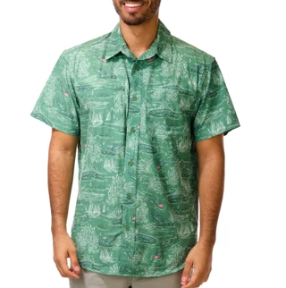 Thumbnail 1: REEL LEGENDS Men's Short Sleeve Woven Swamp Alligator Button Up Shirt  