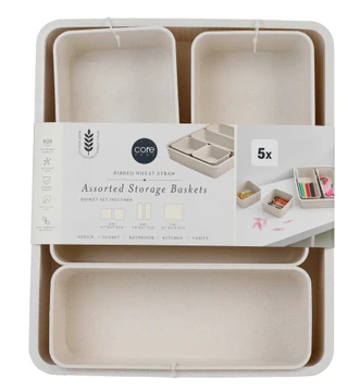 Thumbnail 1: CORE HOME 5 Pc Assorted Ribbed Wheat Basket Bin Set 