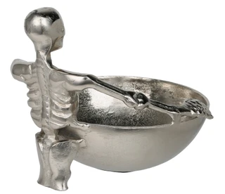 Thumbnail 2: Global Collection 9x7.5 Handmade Aluminum Skeleton Halloween Candy Bowl 