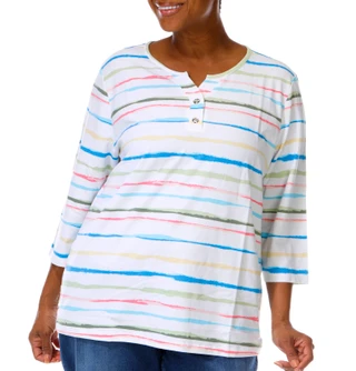 Thumbnail 1: Coral Bay Plus 3Q Sleeve Watercolor Stripe Print Top 