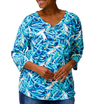 Thumbnail 1: Coral Bay Plus 3Q Sleeve Swirl Abstract Print Henley Tee 