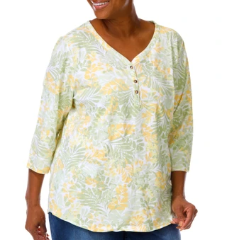 Thumbnail 1: Coral Bay Plus 3Q V-Neck Breezy Palms Henley Tee 