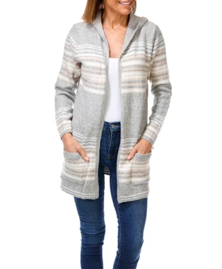 Thumbnail 1: Kathy Ireland Women's Long Sleeve Stripe Cardigan with Hoodie 