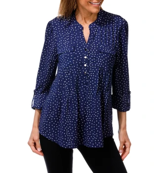 Thumbnail 1: Cocomo Women's 3/4 Roll Cuff Sleeve Split Neck Button Front Top 