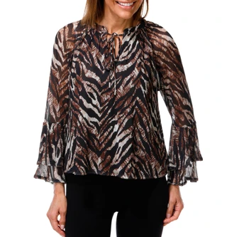 Thumbnail 1: Ava & Grace Women's Printed Bell Sleeve Tie Front Mesh Blouse 