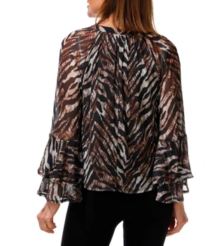 Thumbnail 2: Ava & Grace Women's Printed Bell Sleeve Tie Front Mesh Blouse 