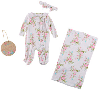 Thumbnail 1: Baby Essentials Baby Girls 4 Pc Footie Headband Swaddle & Wood Disk Sign  
