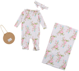 Thumbnail 3: Baby Essentials Baby Girls 4 Pc Footie Headband Swaddle & Wood Disk Sign  
