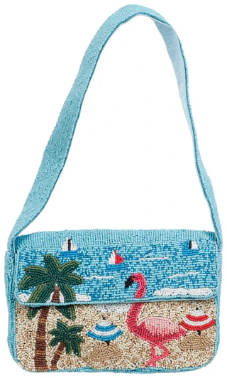 Thumbnail 1: SOL AND MER Beaded Flamingo Beach Scene Shoulder Bag 