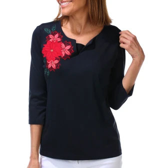 Thumbnail 1: Coral Bay Women's 3Q Sleeve Split Neck Poinsettia Applique Tee 