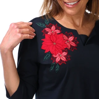 Thumbnail 2: Coral Bay Women's 3Q Sleeve Split Neck Poinsettia Applique Tee 