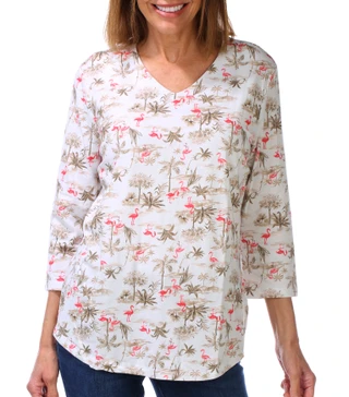 Thumbnail 1: Coral Bay Women's 3/4 Sleeve Flamingo Print V Neck Top 