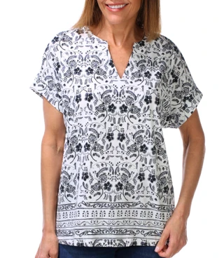 Thumbnail 1: Coral Bay Women's Short Sleeve Printed Split Neck Top 