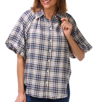 Thumbnail 1: MAX STUDIO Women's Short Bubble Sleeve Plaid Button Up Top  