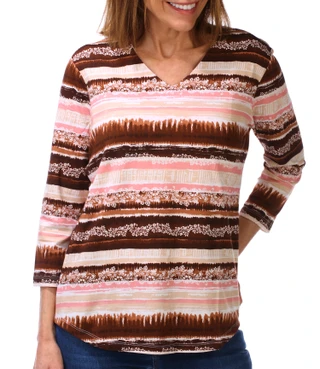 Thumbnail 1: Coral Bay Women's Petite 3/4 Sleeve Country Stripe V Neck Tee 