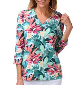 Thumbnail 1: Coral Bay Women's Petite 3/4 Sleeve Printed Scalloped V Neck Top 