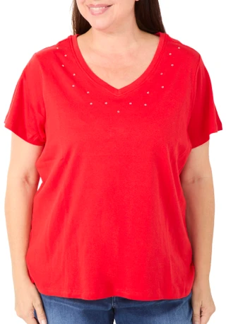 Thumbnail 1: Coral Bay Women's Plus Short Sleeve Rhinestone V-Neck Top 