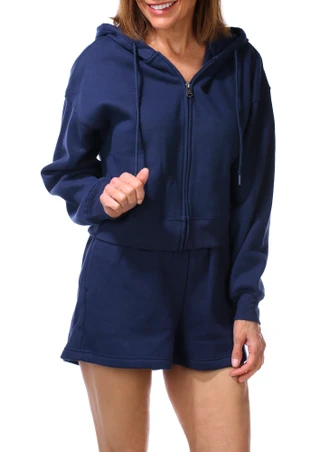 Thumbnail 3: HARMONY & BALANCE 2 Pc Women's Long Sleeve Fleece Cropped Hoodie Short Set  