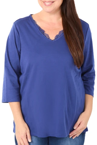 Thumbnail 1: Coral Bay Women's Plus 3/4 Sleeve Lace Trim V-Neck Top 