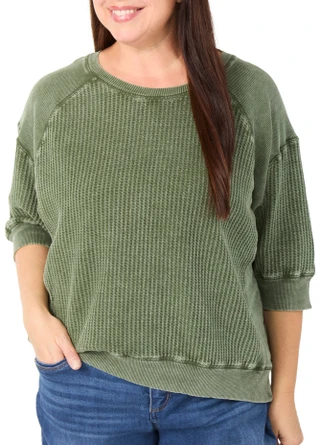 Thumbnail 1: FARMERS MARKET Women's Plus 3/4 Sleeve Waffle Solid Top  