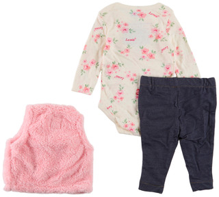 Thumbnail 3: Levi's 3 Pc Girls Long Sleeve Onesie Legging Fur Vest Set  