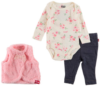 Thumbnail 1: Levi's 3 Pc Girls Long Sleeve Onesie Legging Fur Vest Set  