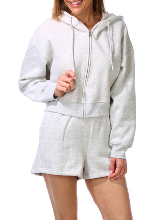 Thumbnail 4: HARMONY & BALANCE 2 Pc Women's Long Sleeve Fleece Cropped Hoodie Short Set  