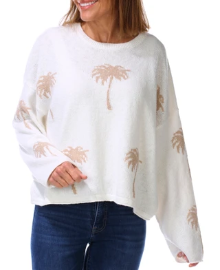 Thumbnail 1: MOON & MADISON Women's Long Sleeve Palm Tree Pullover Top  