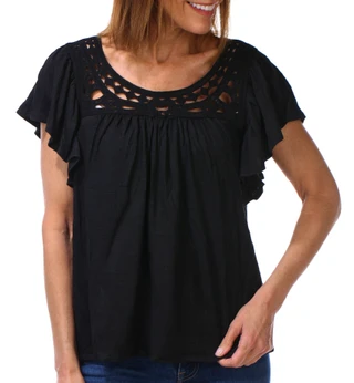 Thumbnail 1: MAX STUDIO Women's Short Sleeve Crinkle Jersey Crocheted Yoke Top 