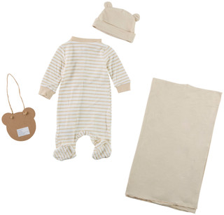 Thumbnail 2: Baby Essentials 4 Pc Baby Footie Knit Cap Swaddle & Wood Disk Sign  