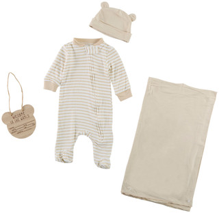 Thumbnail 1: Baby Essentials 4 Pc Baby Footie Knit Cap Swaddle & Wood Disk Sign  